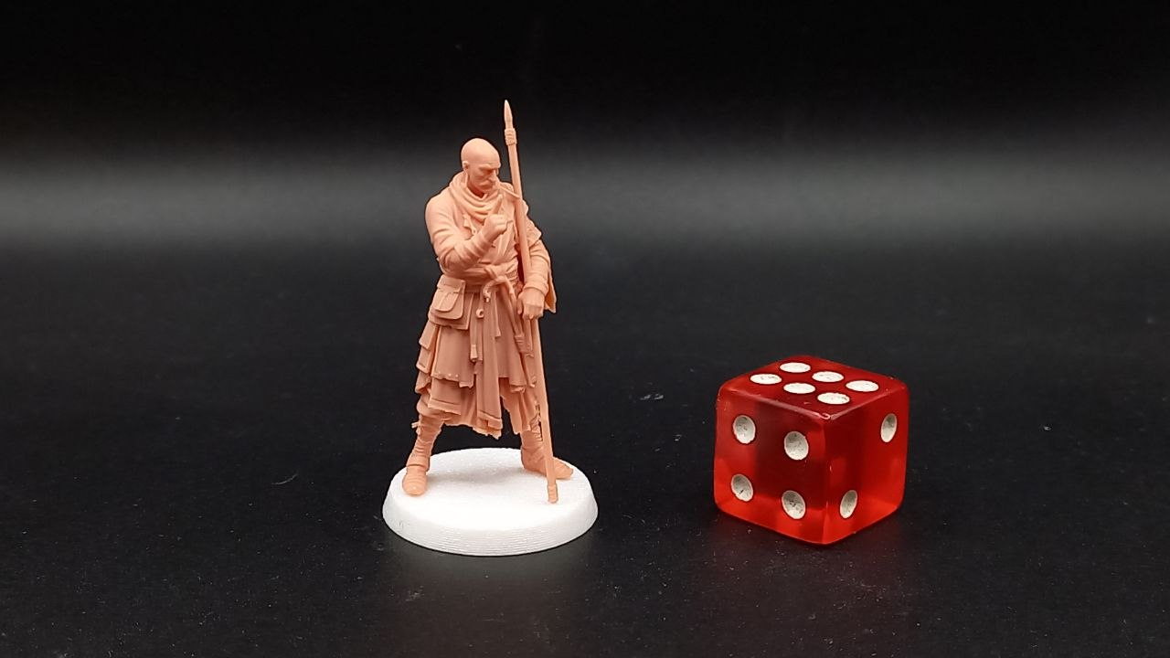 Photographed Guardian miniature beside a red die